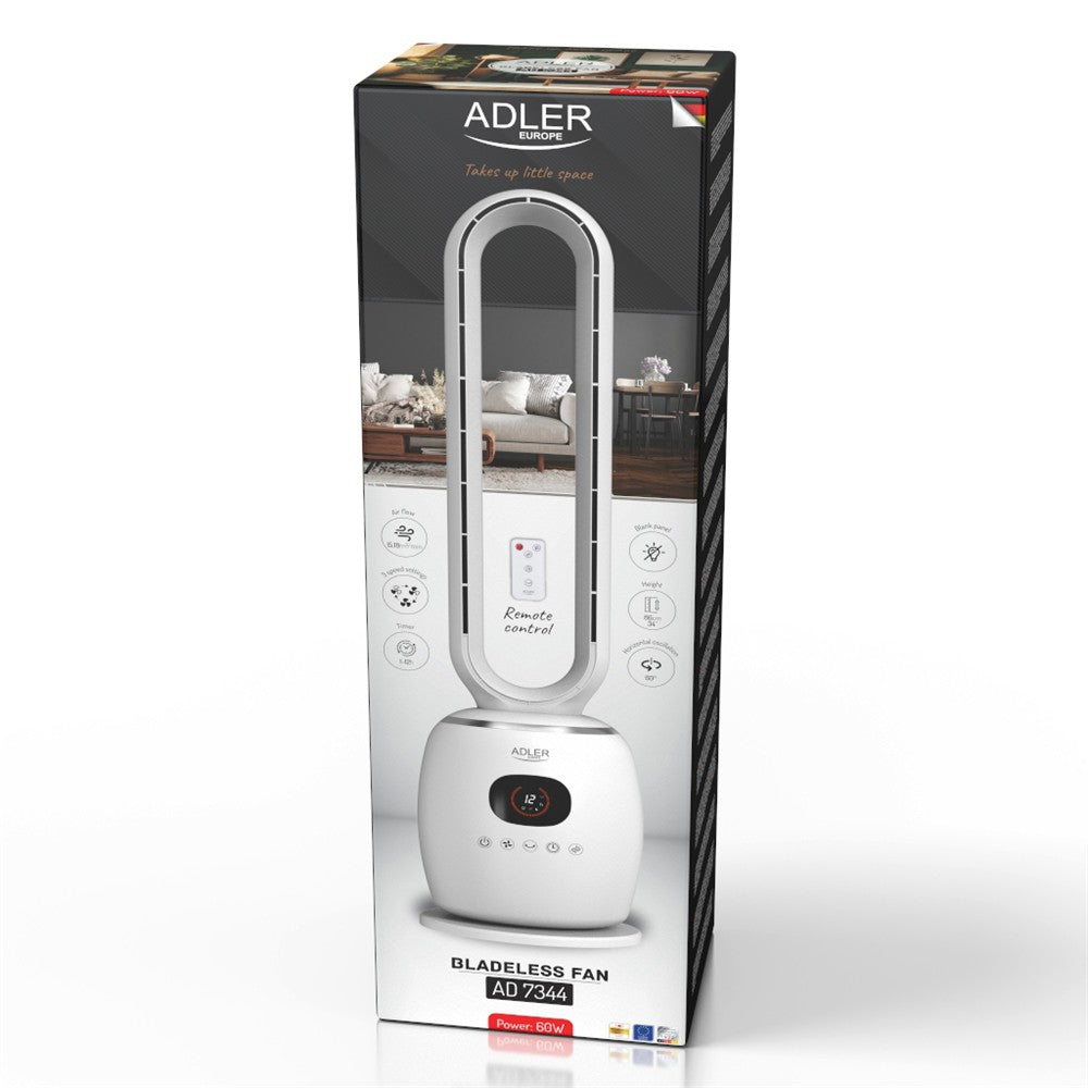 Adler AD 7344 blattloser Turmventilator, 86 cm, mit Fernbedienung, 60°-Schwenkbereich, 3 Geschwindigkeitsstufen, 3 Betriebsmodi, 1–12-Stunden-Timer, LED-Display