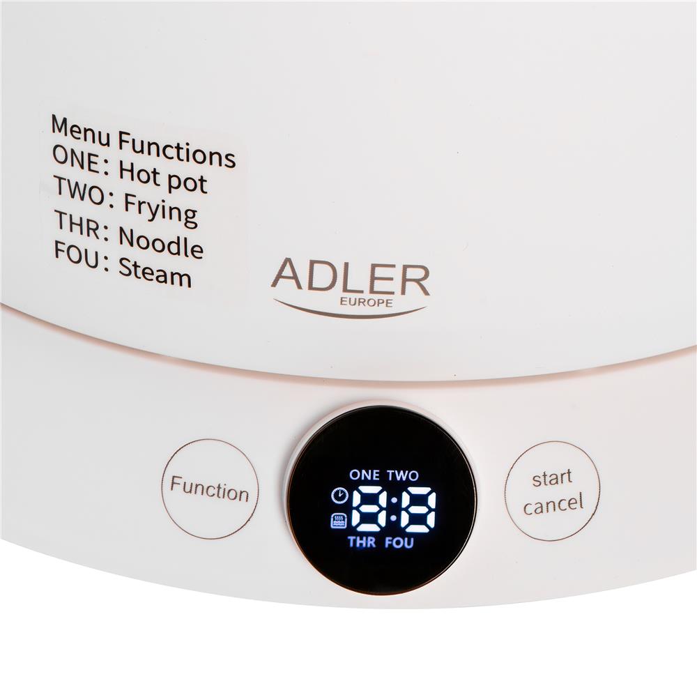 Adler AD 6422 Multikocher 1,0 L, 800 W, 4 Kochmodi, LED-Touch-Display, Warmhaltefunktion bis 12 Std., Dampfgaraufsatz, Glasdeckel, Antihaftbeschichtung