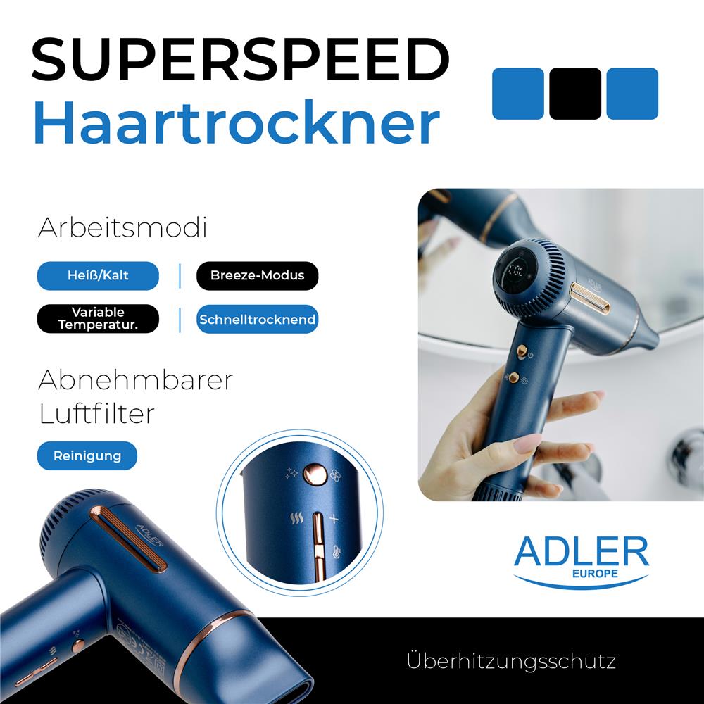 Adler AD 2271 Superspeed Haartrockner 1500W mit Ionisierung & Diffusor
