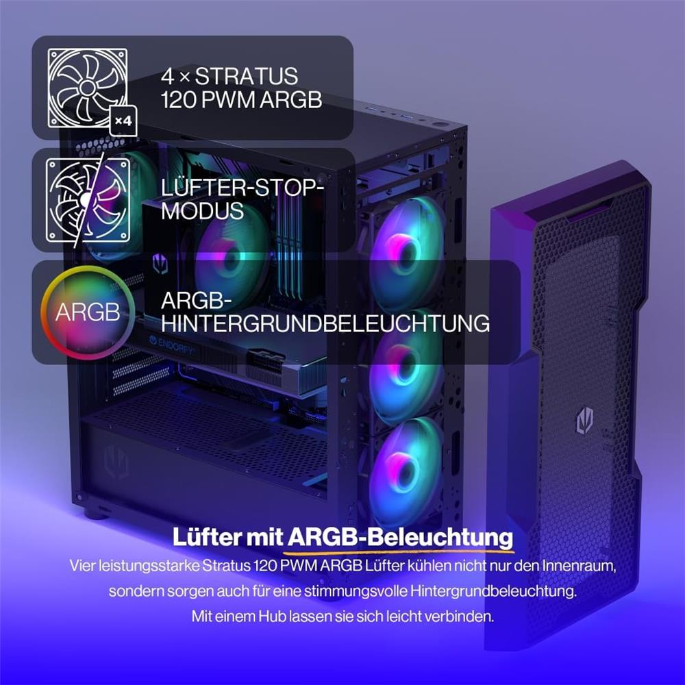 ENDORFY Regnum 400 ARGB, ATX PC-Gehäuse, inkl. 4x 120mm ARGB PWM-Lüfter, Seitenteil aus gehärtetem Glas | EY2A009