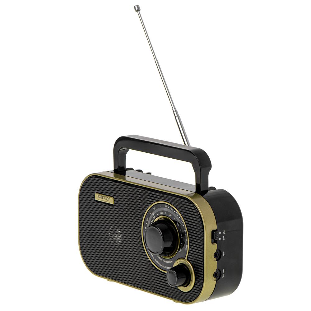 Camry CR 1910g tragbares Radio, FM/AM Kofferradio mit 2 W Lautsprecher, Netz- und Batteriebetrieb, 3,5 mm Kopfhöreranschluss, Teleskopantenne, schwarz/gold
