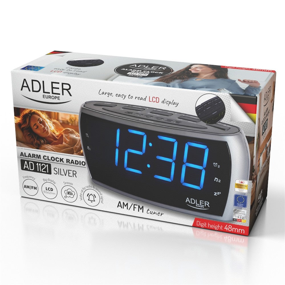 Adler AD 1121 S Radiowecker LED Display 22,2 cm AM FM Wecker, Dual Alarm, Snooze Netzbetrieb, Schwarz