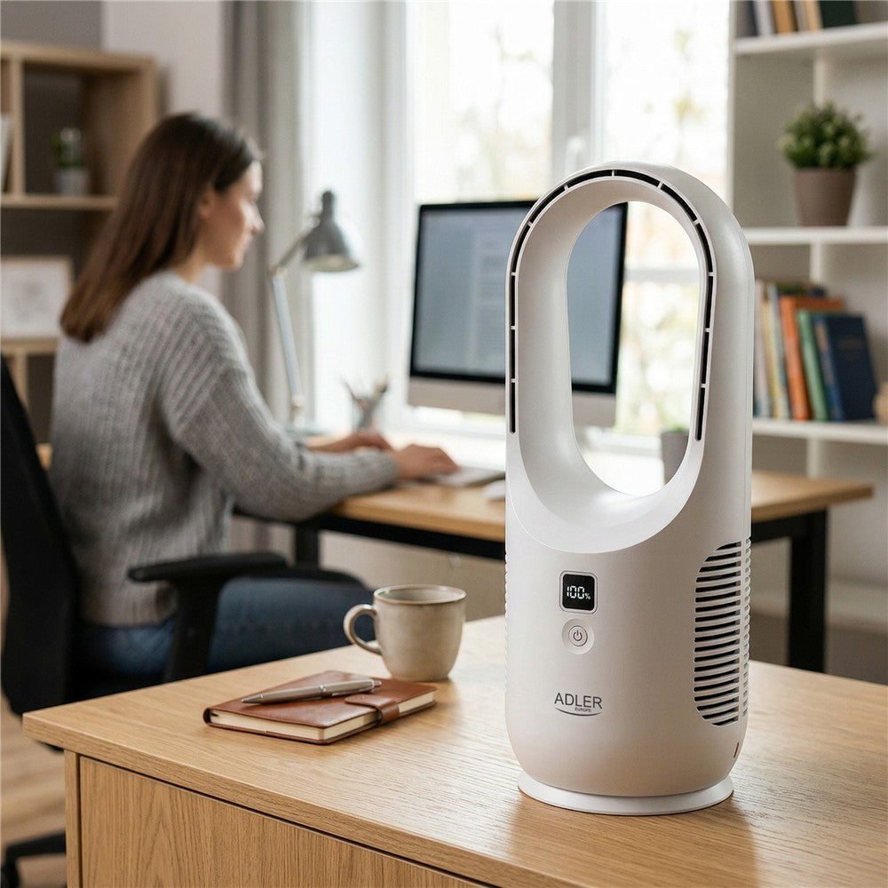 Adler AD 7343 USB-Tischventilator ohne Rotorblätter, kabellos, leise, mit Akku, LED-Display und 3 Geschwindigkeitsstufen, modern, Weiß