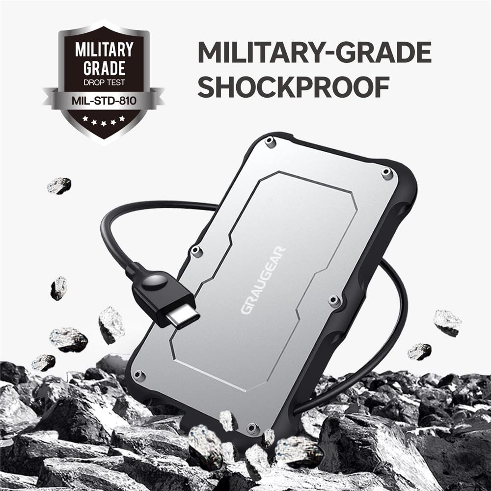 GRAUGEAR USB C Festplattengehäuse für 2,5 Zoll SATA SSD HDD stoßfest