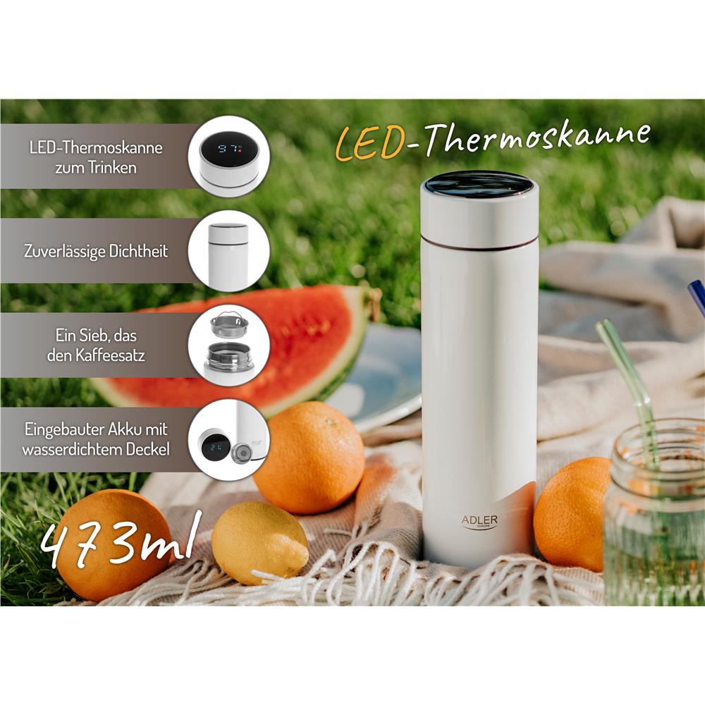 Adler Thermosflasche, 473ml, Weiß, Trinkflasche mit LED-Temperaturanzeige