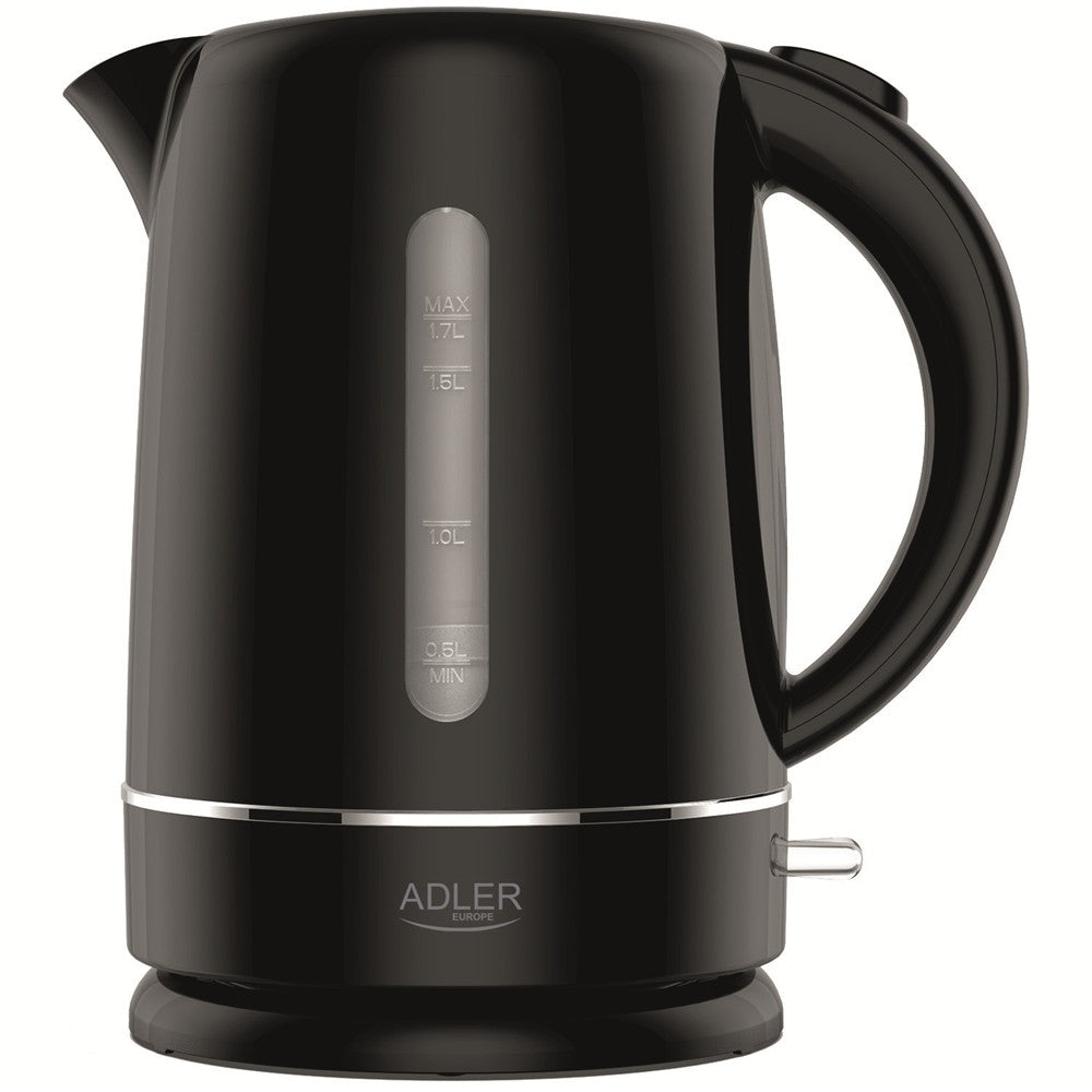 Adler AD 1385 Wasserkocher schwarz 1,7 l mit Kalkfilter, flachem Edelstahl-Heizelement, 360°-Sockel und Wasserstandsanzeige