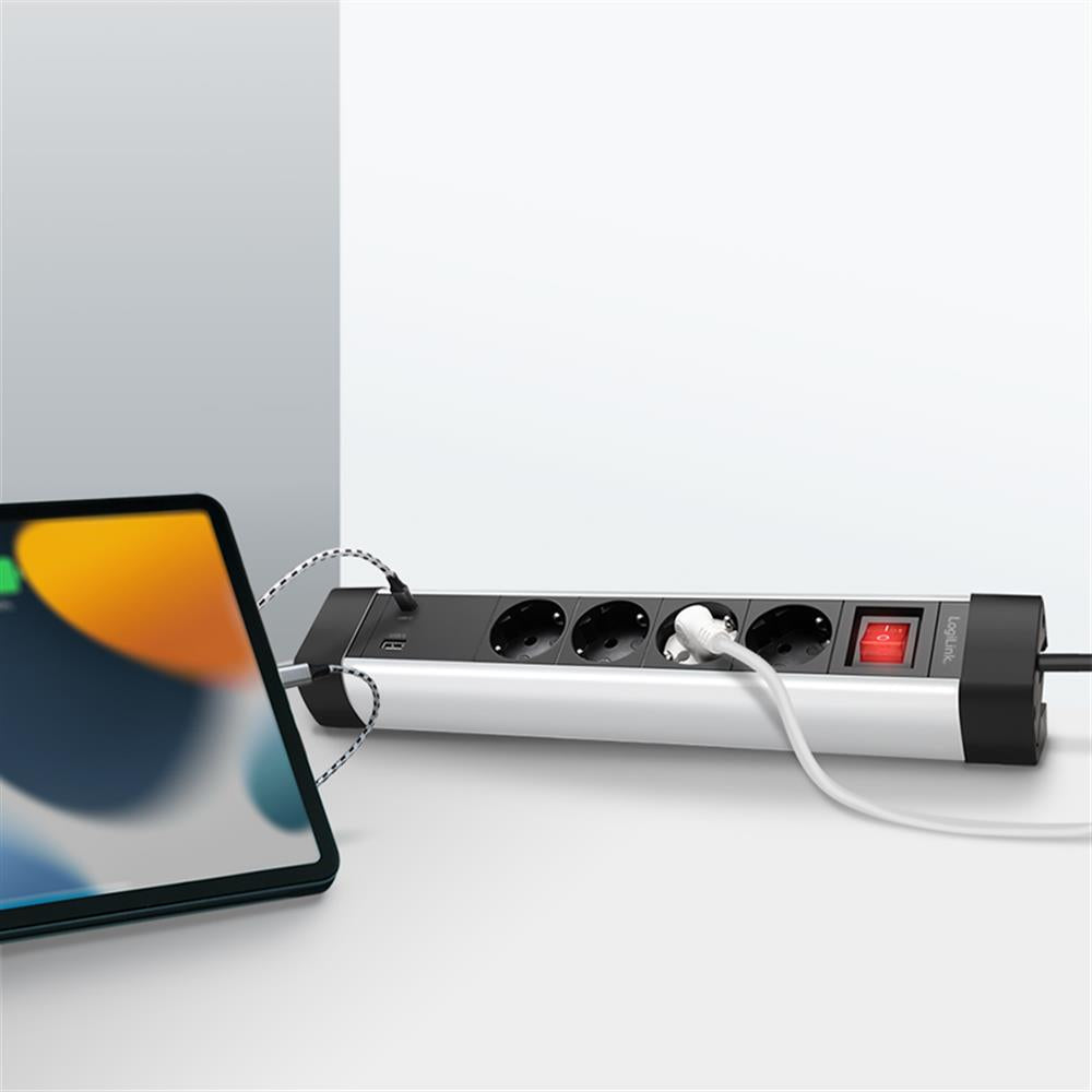 LogiLink Steckdosenleiste 4-fach mit USB-A & USB-C Schnellladefunktion, 1,5 m Kabel