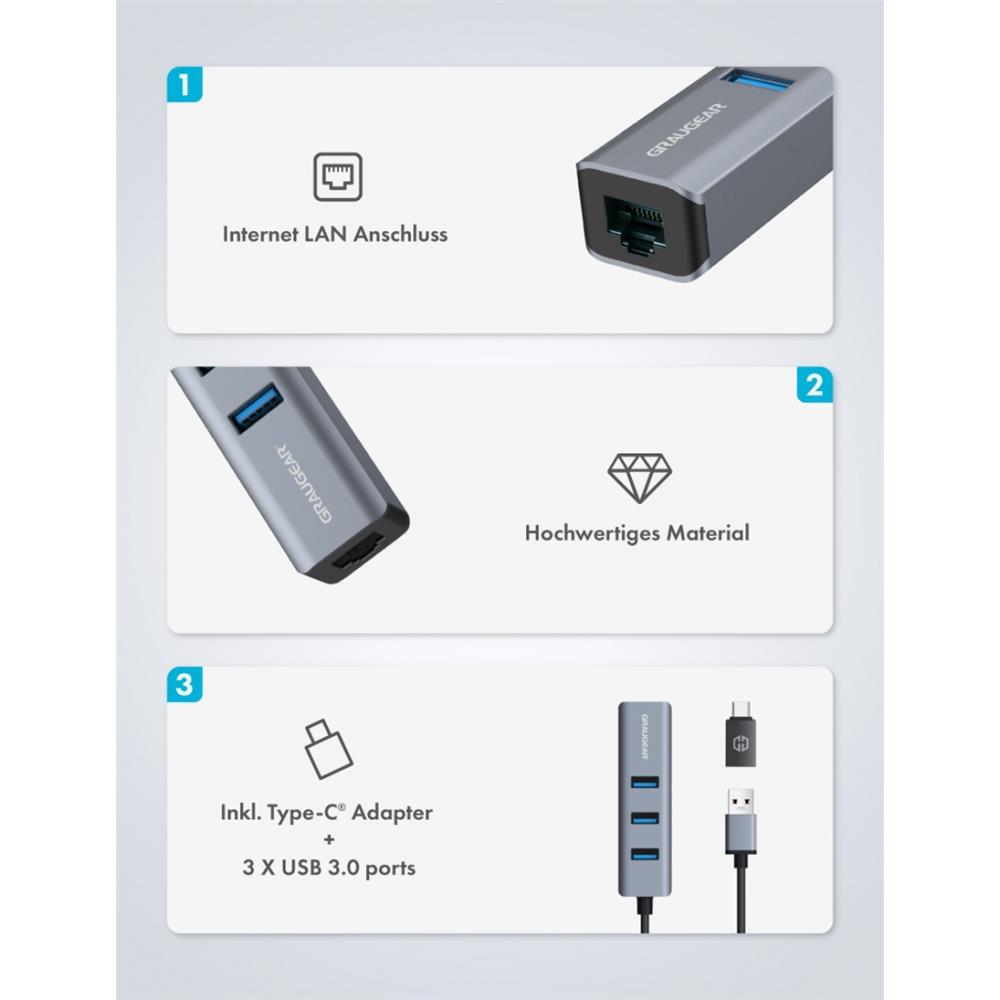 GRAUGEAR USB Hub mit 3 Ports und Gigabit LAN Aluminium