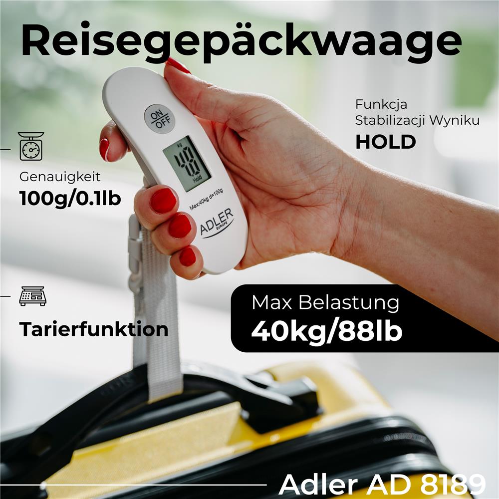 Adler AD 8189 Reisegepäckwaage 40kg weiß-grau – Kompakt & präzise