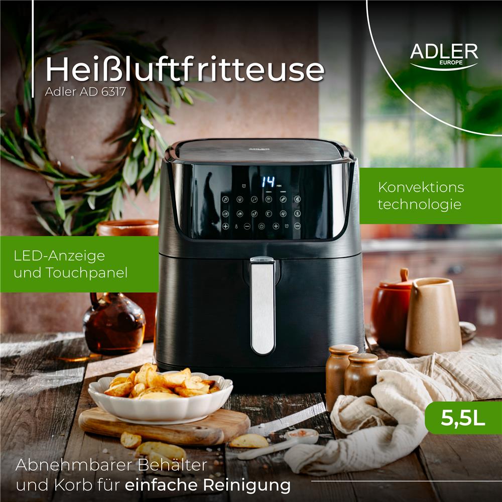 Adler AD 6317 Heißluftfritteuse 5,5L schwarz – Gesund frittieren ohne Öl