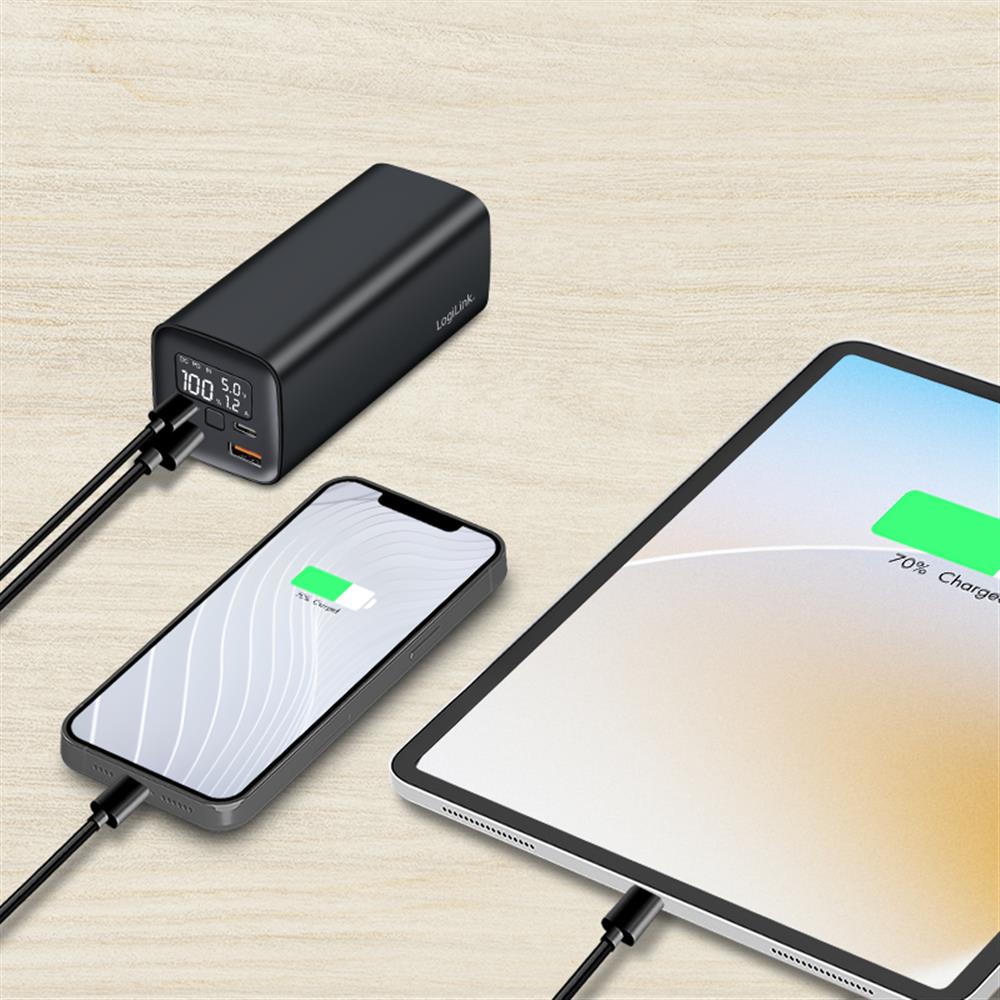 LogiLink Powerbank 20.000 mAh, QC 3.0 & PD 3.0, 65 W Schnellladen, Schwarz