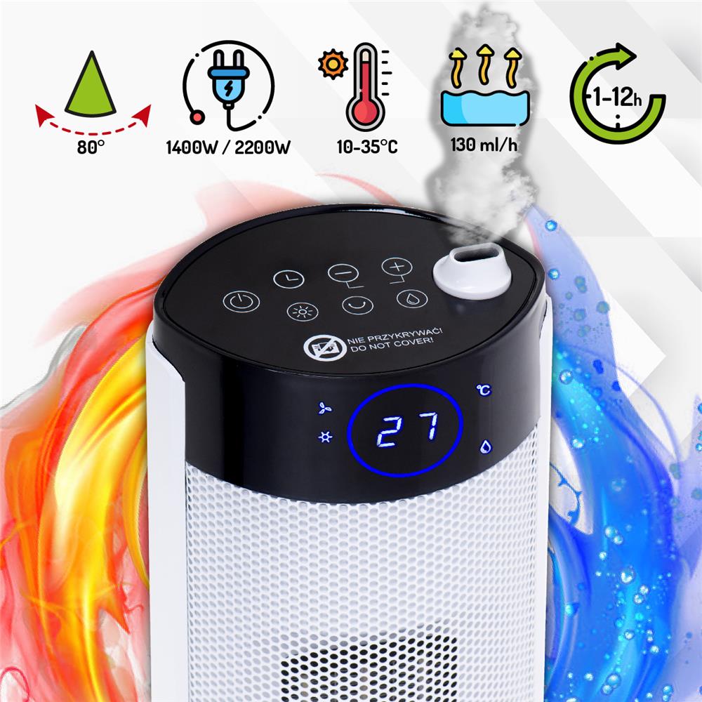 Adler AD7730 Turmheizlüfter mit LCD-Anzeige, 75cm, Weiß, mit Luftbefeuchterfunktion