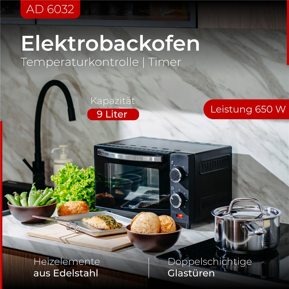 Adler AD 6032 Elektro-Backofen 9L schwarz – Kompakt & praktisch für kleine Küchen