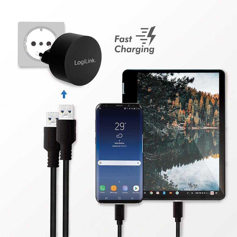 LogiLink Dual USB Schnelllade Steckdosenadapter 2x USB A Schwarz