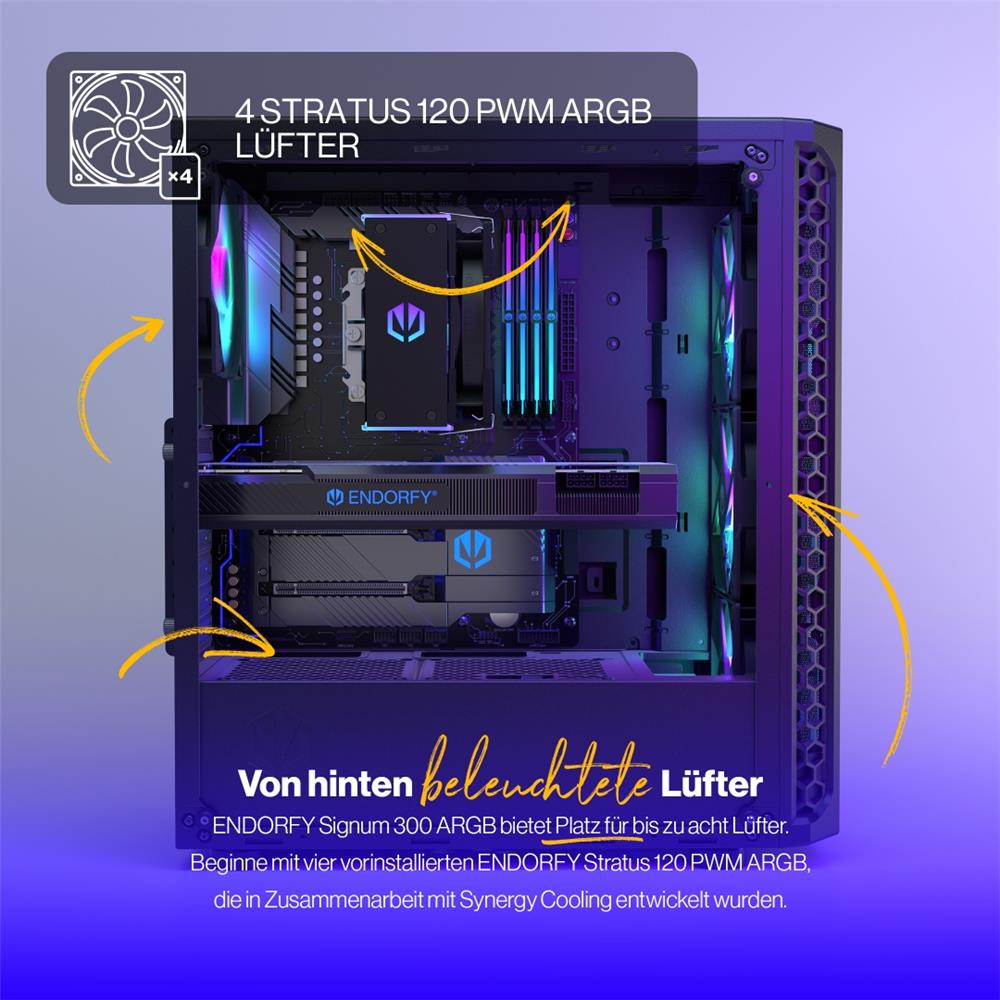ENDORFY Signum 300 ARGB, ATX PC-Gehäuse, inkl. 4x 120mm ARGB PWM-Lüfter, Mesh-Frontplatte, Seitenteil aus gehärtetem Glas | EY2A006