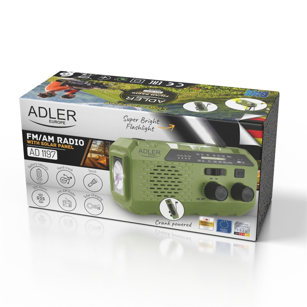 Adler AD 1197 Kurbelradio, tragbares Notfallradio mit Taschenlampe, Solar, Dynamo, Powerbank, SOS-Alarm, FM/AM Radio, Grün