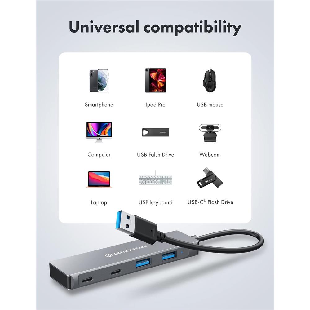 GRAUGEAR USB 3.0 Hub 4 Port 2x USB C 2x USB A Aluminium