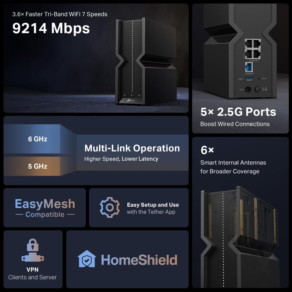 TP-Link Archer BE550 BE9300 Tri Band WiFi 7 Router 2.5G Ports EasyMesh HomeShield