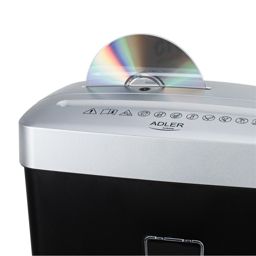 Adler AD 1037 Aktenvernichter P-4, Dokumentenschredder für Büro und Homeoffice, 6 Blatt A4, 13 L Behälter, Kreditkarten, CD/DVD, Rücklauf, Schwarz Silber