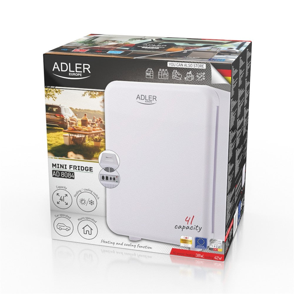 Adler AD 8084w Mini Kühlschrank 4 L, thermoelektrische Kühlbox, klein, tragbar, mit Kühl- und Heizfunktion, für Auto und Zuhause, Kosmetikkühlschrank, Getränkekühler, Weiß