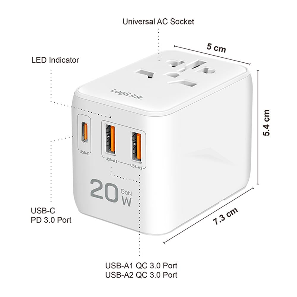 LogiLink Universal-Reisenetzteil 20W PD, 4 Anschlüsse, Weiß