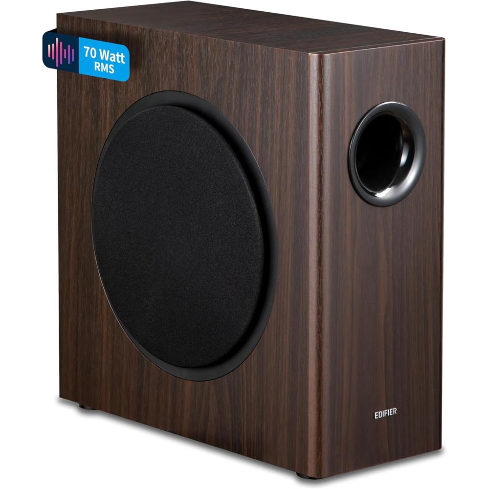 Edifier T5s – Aktiver 8" Subwoofer, 70W RMS, 35 Hz Bass, Braun Holzoptik