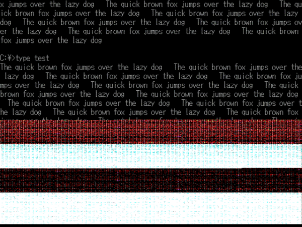 Ausschnitt eines Bildschirms mit weißem Text auf schwarzem Hintergrund und Bildschirmstörung am unteren Rand