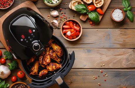 Eine schwarze Heißluftfritteuse mit Display steht auf einer Holzplatte sowie verschiedenes Gemüse.