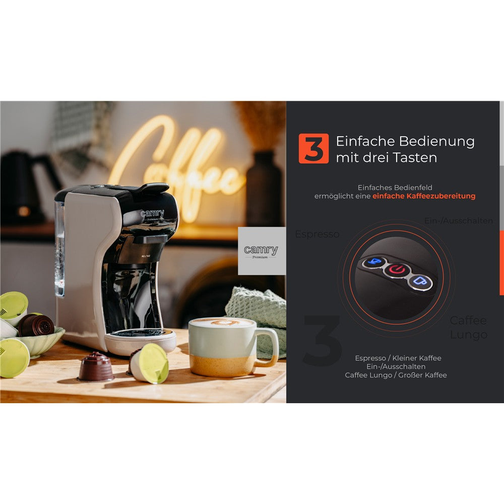 Camry CR 4414bm Multi-Kapsel-Espressomaschine, 19 bar Kaffeemaschine für Kapseln, Pads und gemahlenen Kaffee, kompakt fürs Büro und Zuhause, Mocca/Schwarz