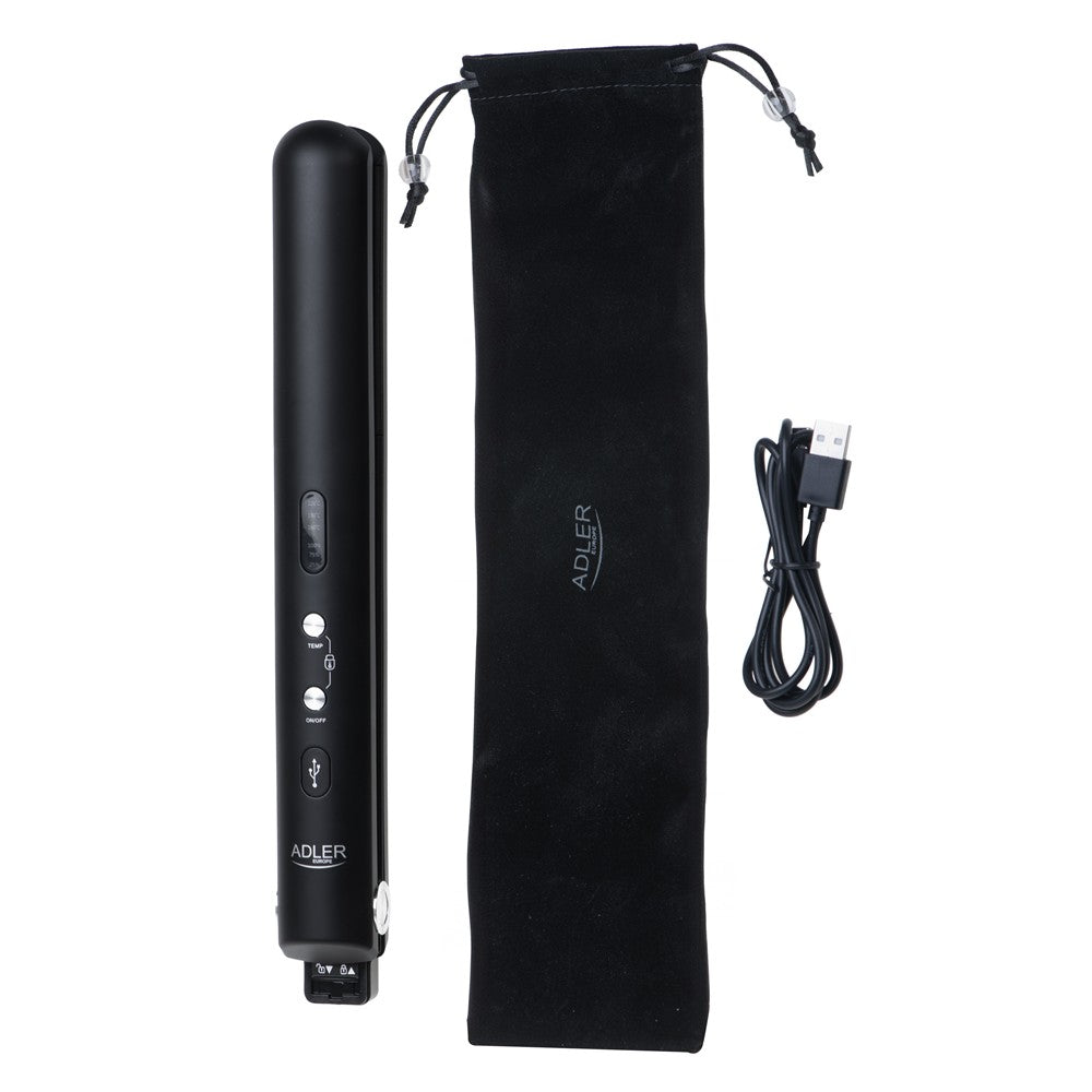 Adler AD 2327b Akku Glätteisen kabellos, USB-C Reise-Haarglätter mit Keramikplatten, LED-Display, 3 Temperaturstufen, Aufbewahrungsbeutel, Schwarz