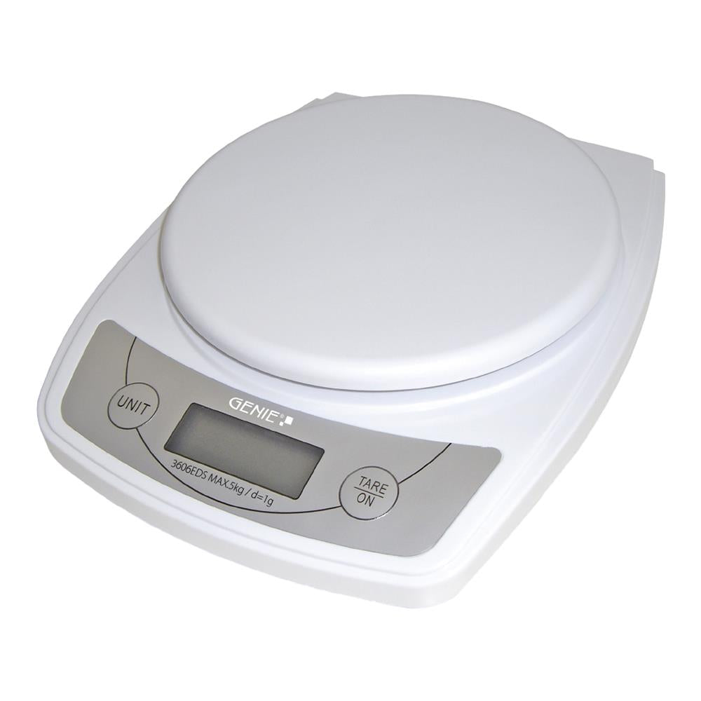 GENIE Digitale Briefwaage/Küchenwaage, Grammgenaue Anzeige bis 5 kg, weiß