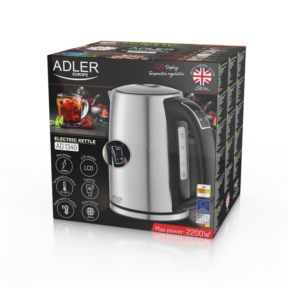 Adler AD 1340 Wasserkocher Edelstahl, 1,7 Liter, 2200 Watt, mit LCD-Display und Temperaturregelung