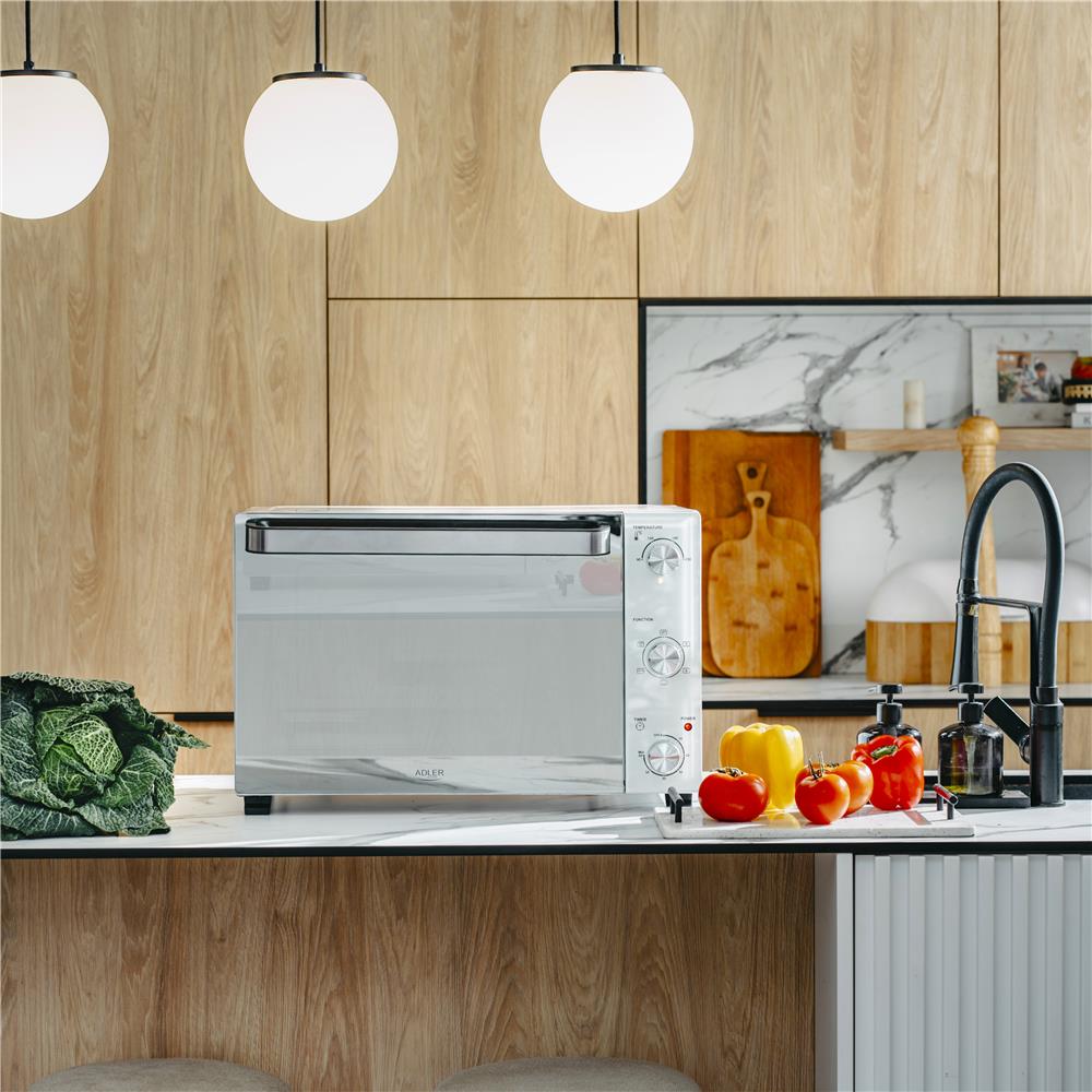 Adler AD 6027 Elektrobackofen 48L Mini Backofen Umluft Timer Drehspieß weiß