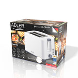 Adler AD 3216 Toaster in Weiß, mit Brötchenaufsatz, Auftaufunktion und Abschaltautomatik