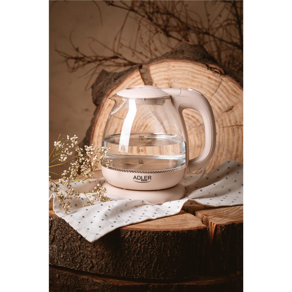 Adler AD 1283C Glaswasserkocher in Beige, 1 Liter, 1100 Watt, mit LED-Beleuchtung