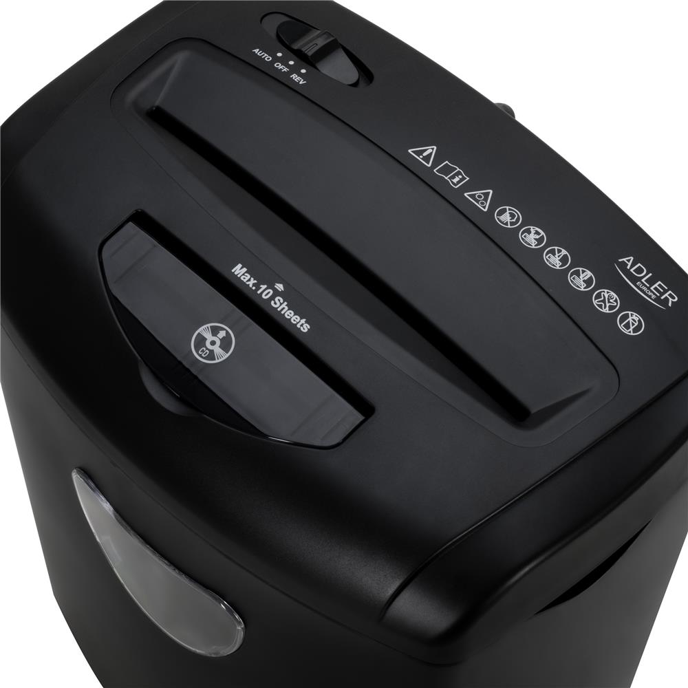 Adler AD 1038 Aktenvernichter Schwarz P4 10 Blatt 21L 330W für Papier CD Kreditkarten A4