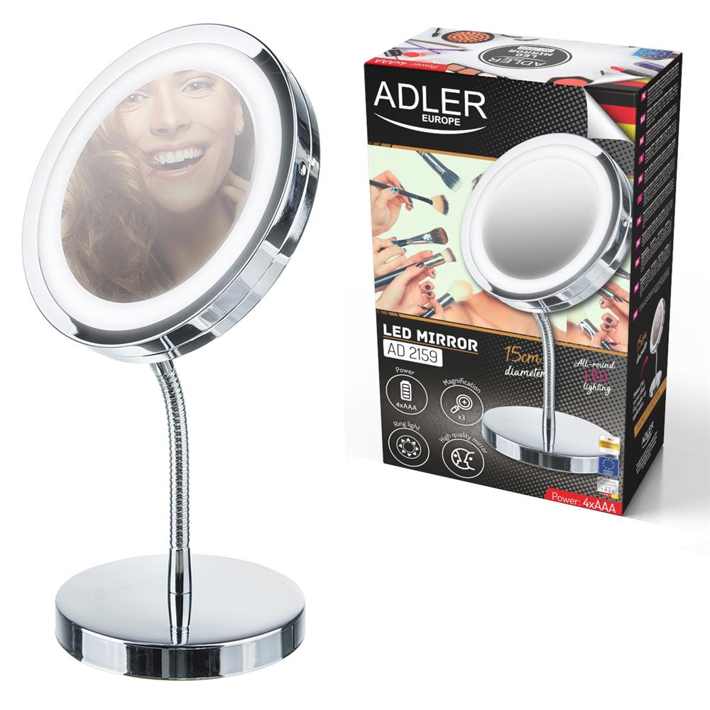 Adler AD 2159 Kosmetikspiegel LED Make Up Spiegel beleuchtet tragbar rund silber Handspiegel