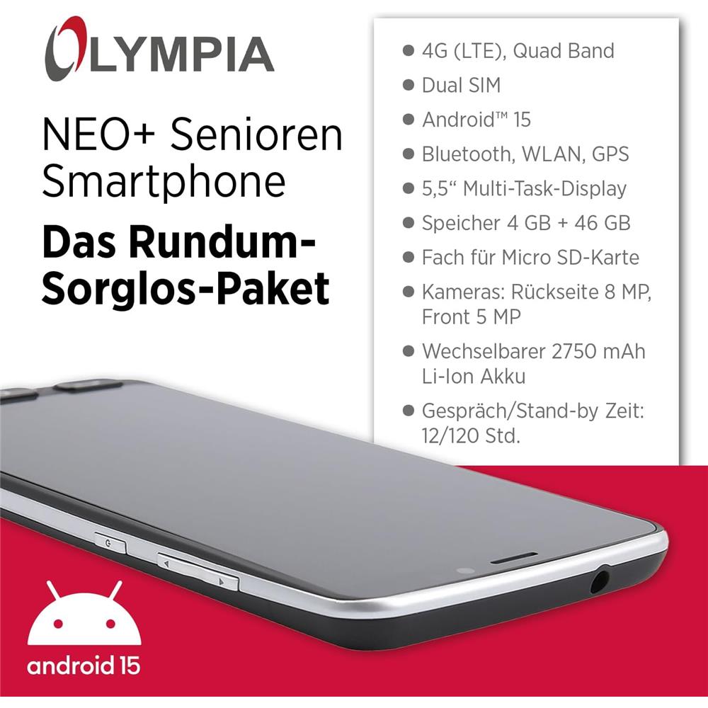 Olympia NEO+ schwarz Seniorenhandy Smartphone großem Display Notruftaste Whatsapp Android 15 4G LTE
