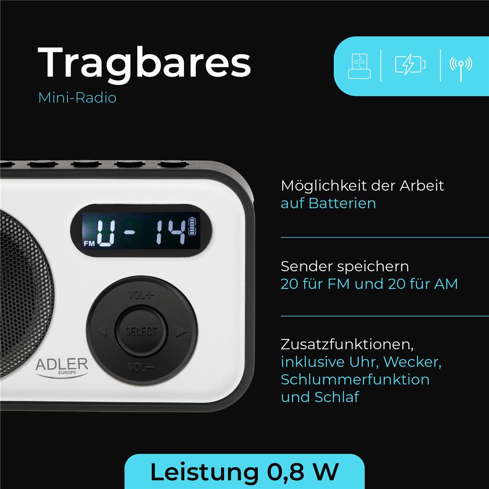 Adler AD 1906 PLL AM/FM Digitalradio modernes Radio USB C Batterie weiß schwarz