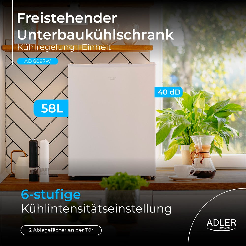 Adler AD 8097 Unterbau Kühlschrank 58 L, kompakter Mini Kühlschrank freistehend, Hotelkühlschrank Büro Küche, wechselbarer Türanschlag, leise 40 dB, Weiß