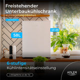 Adler AD 8097 Unterbau Kühlschrank 58 L, kompakter Mini Kühlschrank freistehend, Hotelkühlschrank Büro Küche, wechselbarer Türanschlag, leise 40 dB, Weiß