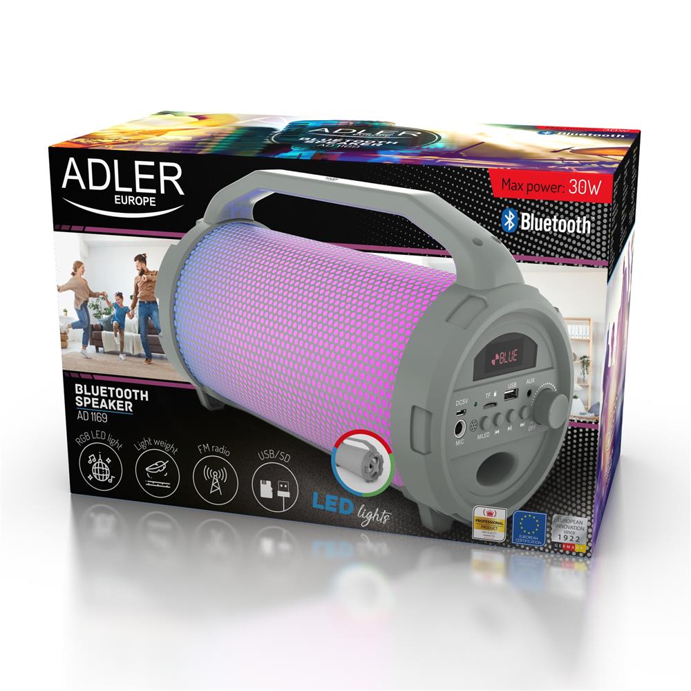 Adler AD 1169 tragbarer Bluetooth-Lautsprecher Grau 1200mAH RGB-LED-Beleuchtung Micro-SD