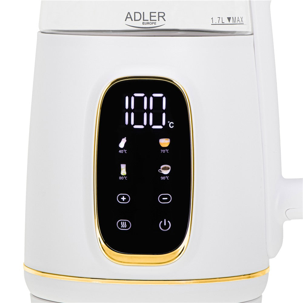 Adler AD 1305 Glas-Wasserkocher 1,7 L mit Temperaturwahl 40–100°C, LED-Display, Warmhaltefunktion 2 Std., 2200 W, Touch-Bedienung weiß gold