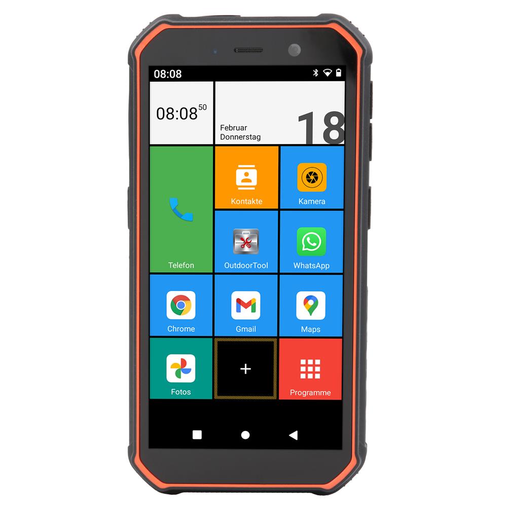 Olympia Smartphone TREK Outdoor - Outdoorhandy mit Android 10 und integrierter LED-Taschenlampe, Schwarz/Orange