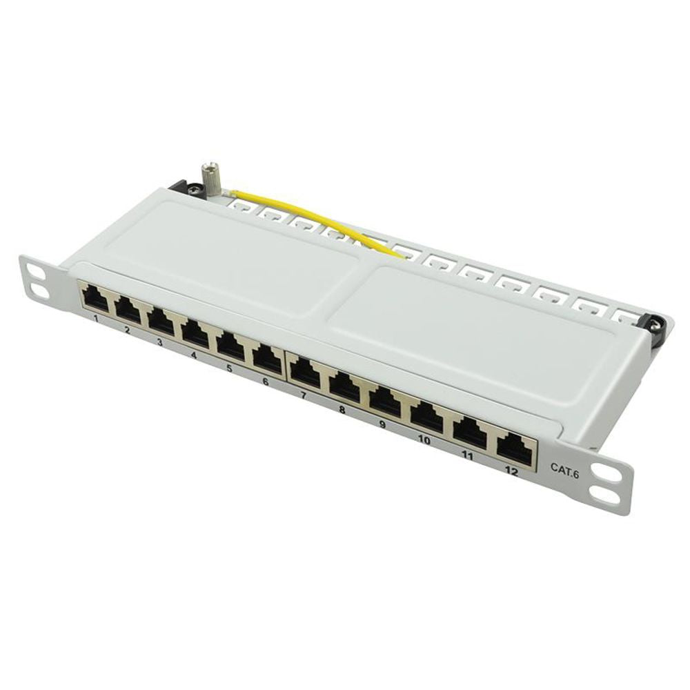 LogiLink Mini Patchpanel Cat.6 12 Ports geschirmt, 10 Zoll Einbau, 0,5 HE, Hellgrau