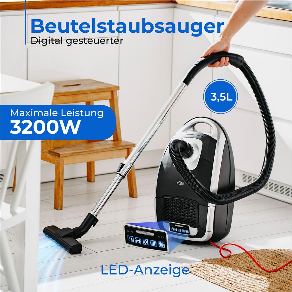 Adler AD 7069 Staubsauger mit Beutel, 3200W Max-Leistung, 5 Saugmodi, EPA 12 Filter