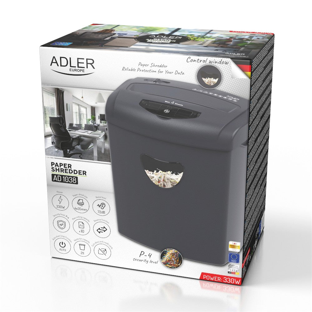 Adler AD 1038 Aktenvernichter, P-4 Dokumentenschredder für Papier, Kreditkarten und CD/DVDs, 10 Blatt, 21 Liter, Grau
