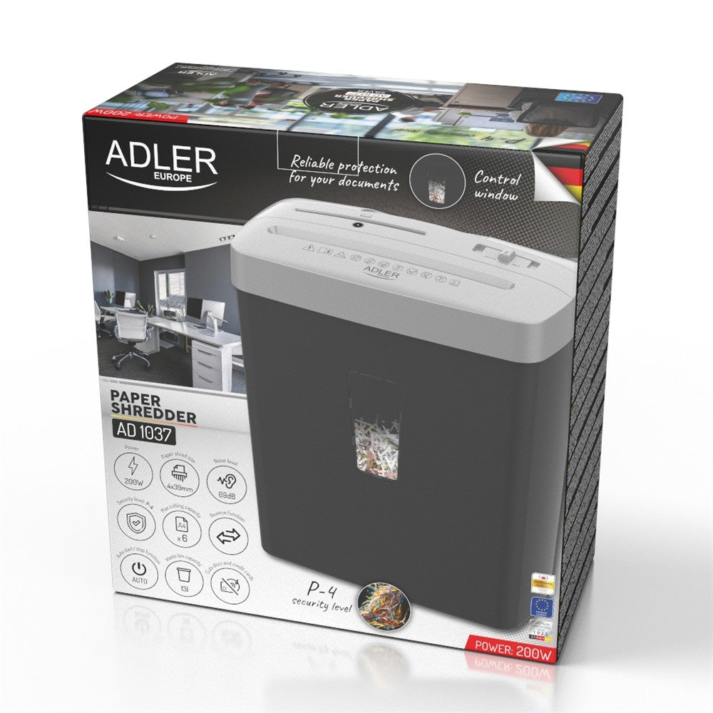 Adler AD 1037 Aktenvernichter P-4, Dokumentenschredder für Büro und Homeoffice, 6 Blatt A4, 13 L Behälter, Kreditkarten, CD/DVD, Rücklauf, Schwarz Silber