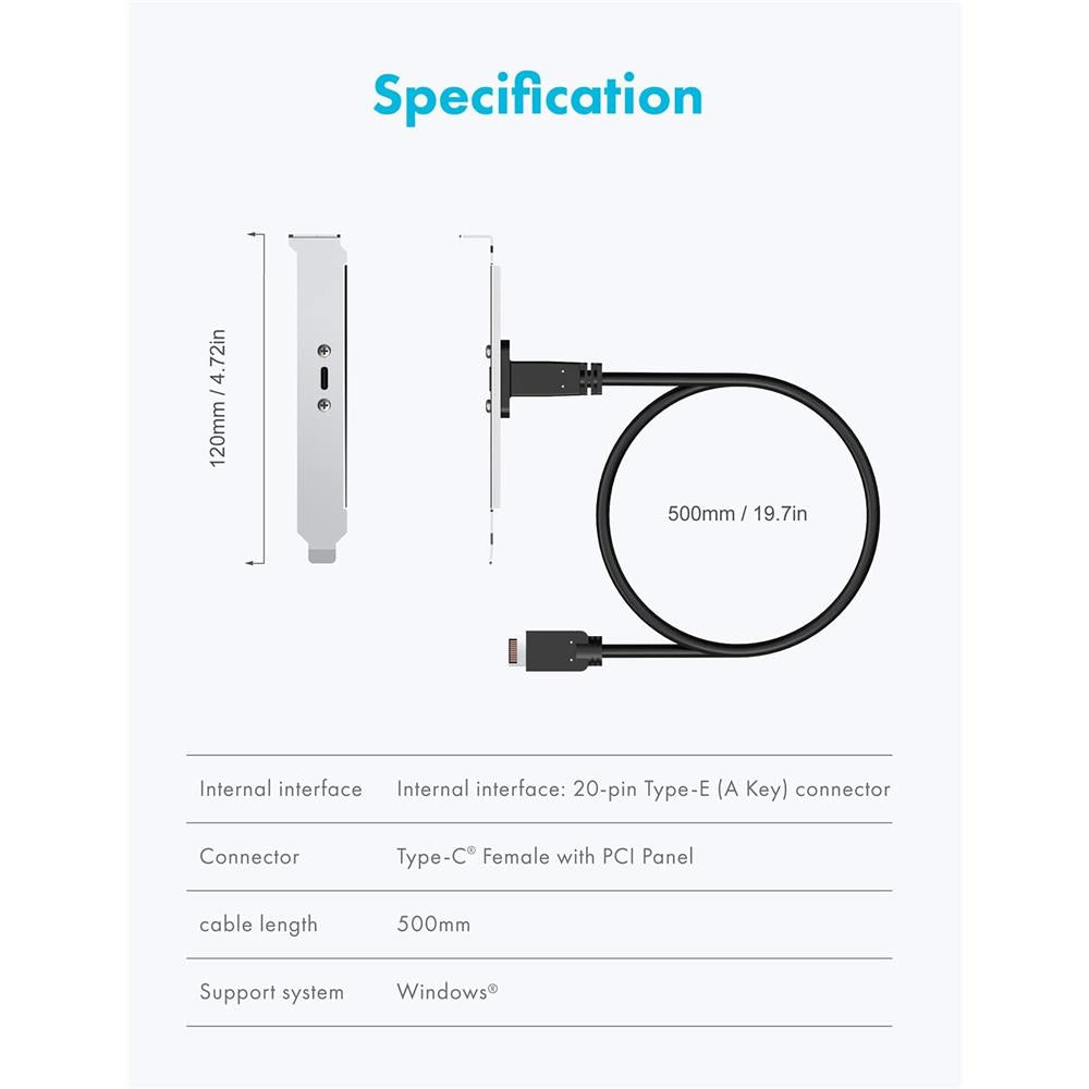 GRAUGEAR Type-E auf USB 3.2 Gen2 Type-C Verlängerungskabel mit PCI-Halterung