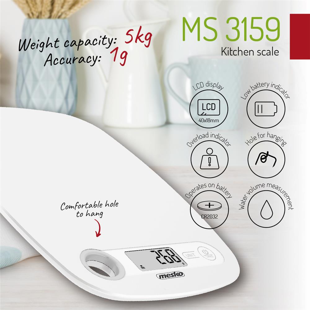 Mesko MS 3159 digitale Küchenwaage mit Tara-Funktion, 5 kg Kapazität, weiß